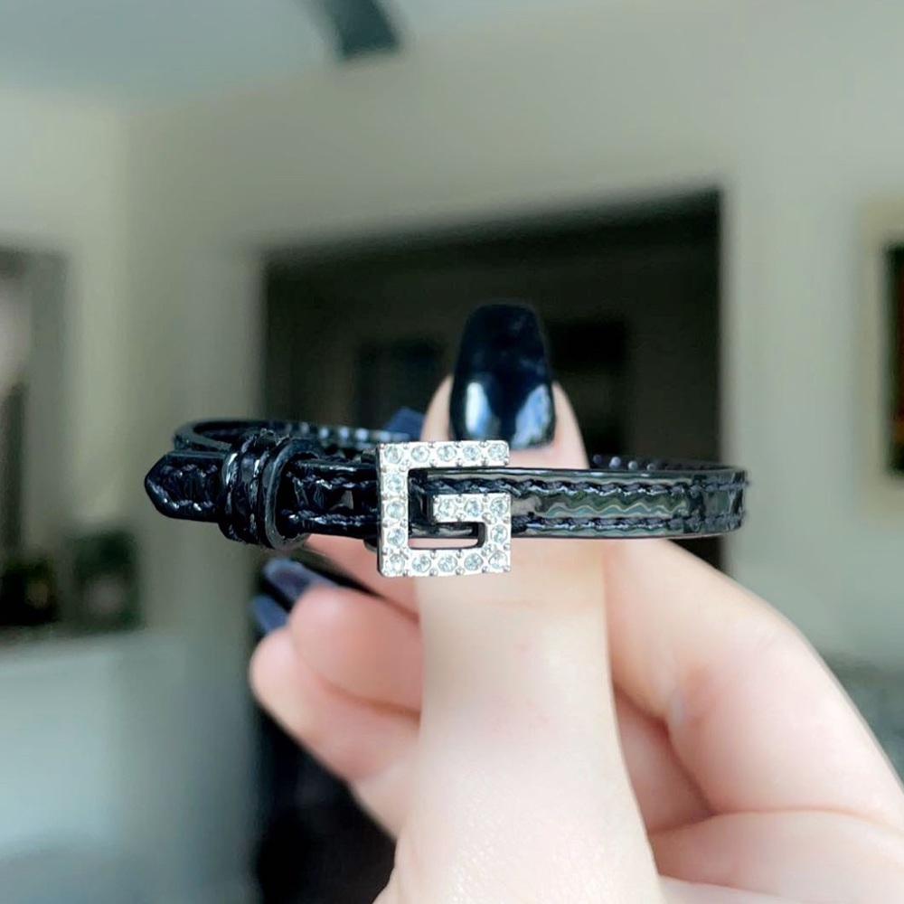 Authentic Gucci Black Leather & Crystals Bracelet